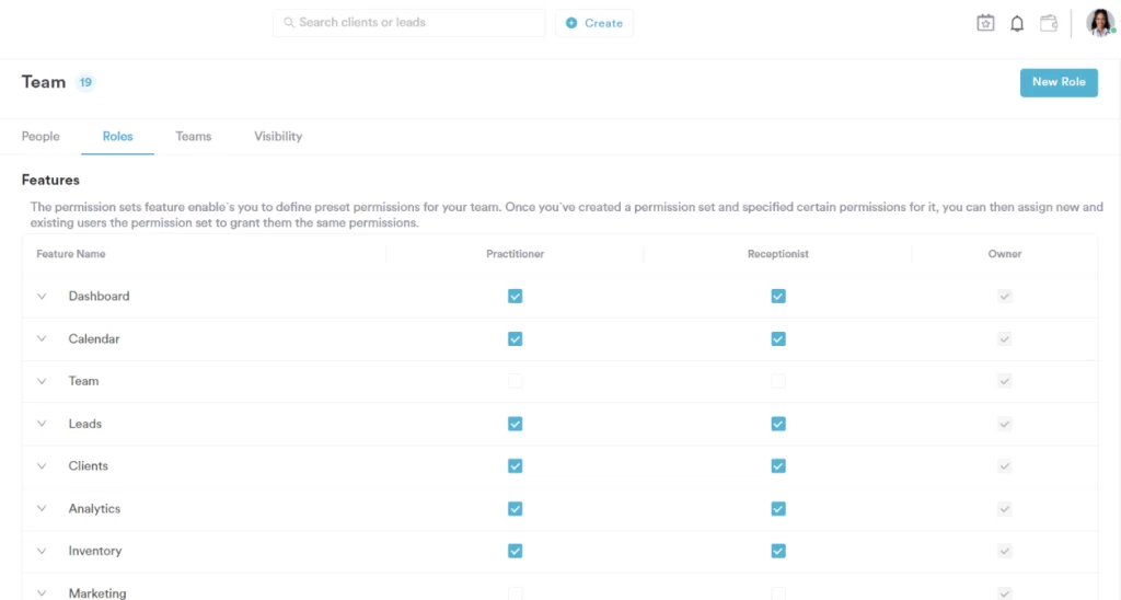 Manage team permissions Pabau features