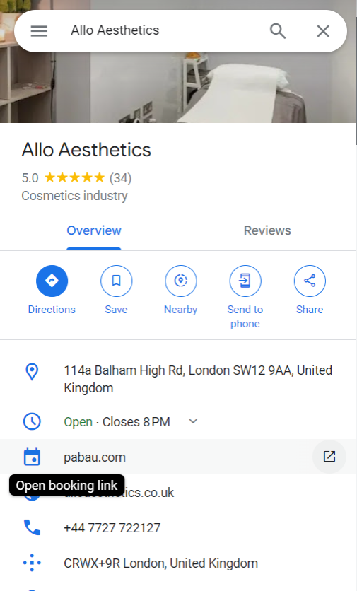 Online booking link on Allo Aesthetics Google Business