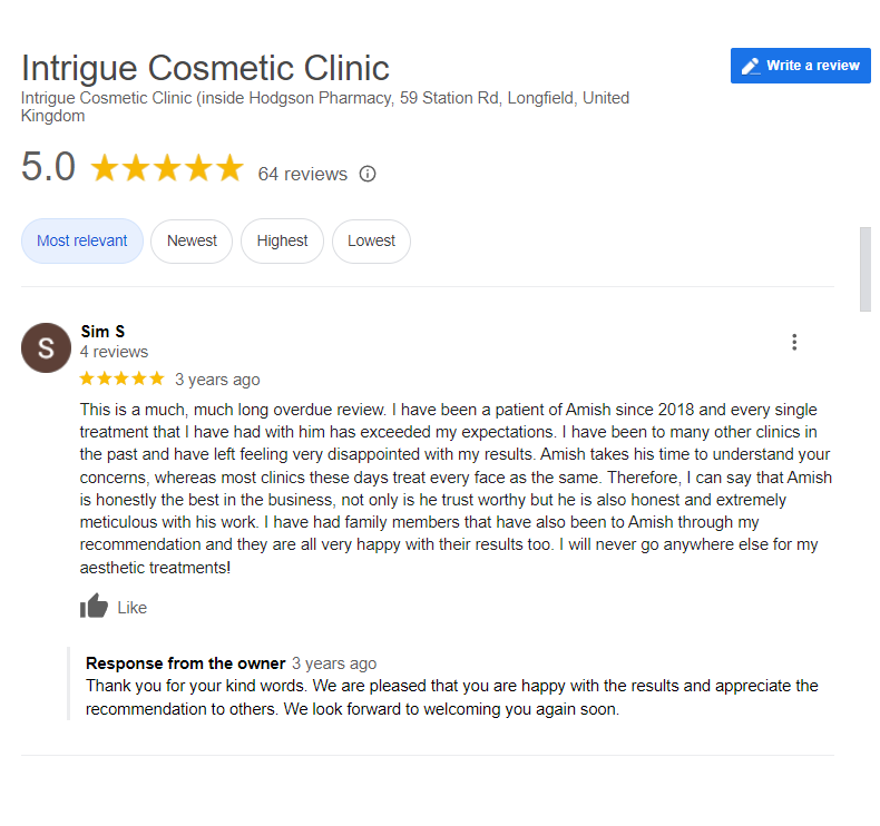 Example for customer review response by Intrigue Cosmetic Clinic