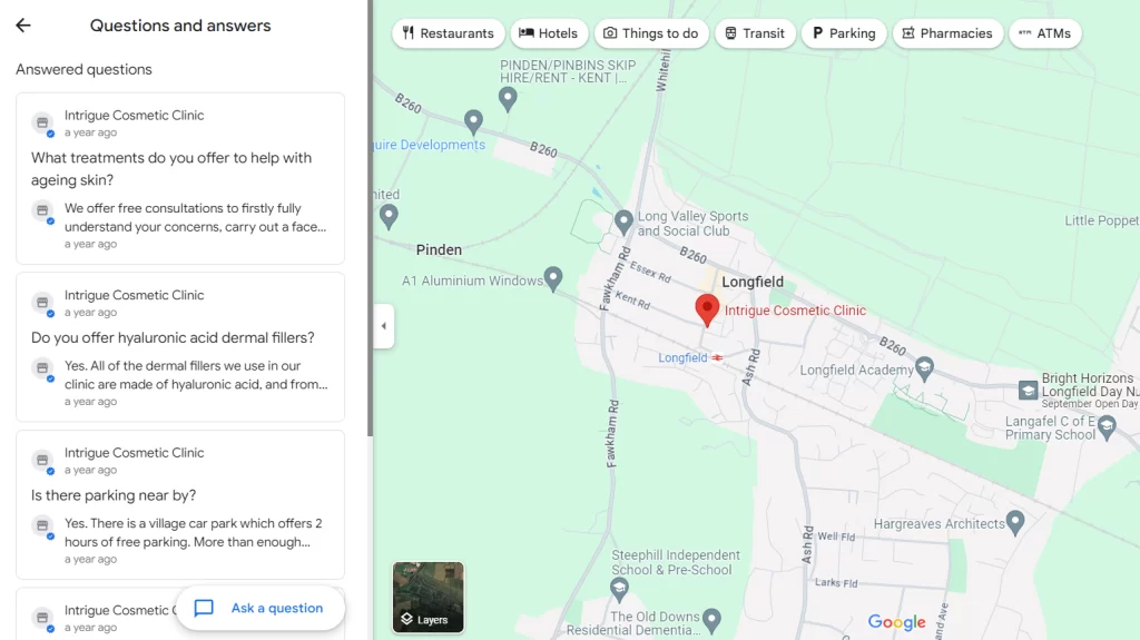 Q&A in Google Maps of Intrigue Cosmetic Clinic