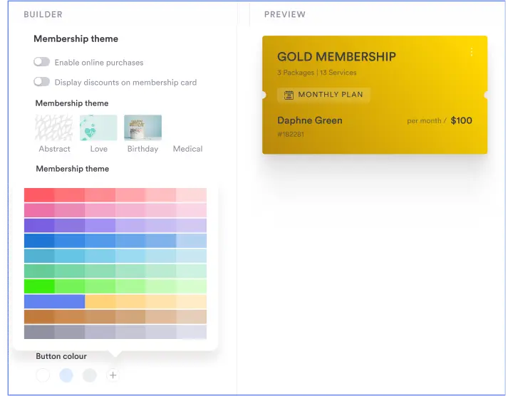 Customizable membership colors and themes in Pabau