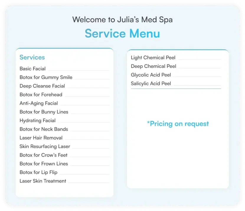 An image of a bad med spa service menu