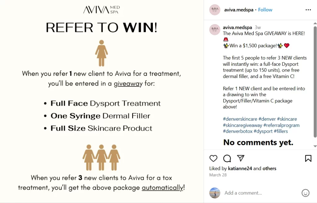 Aviva Med Spa referral program Instagram post