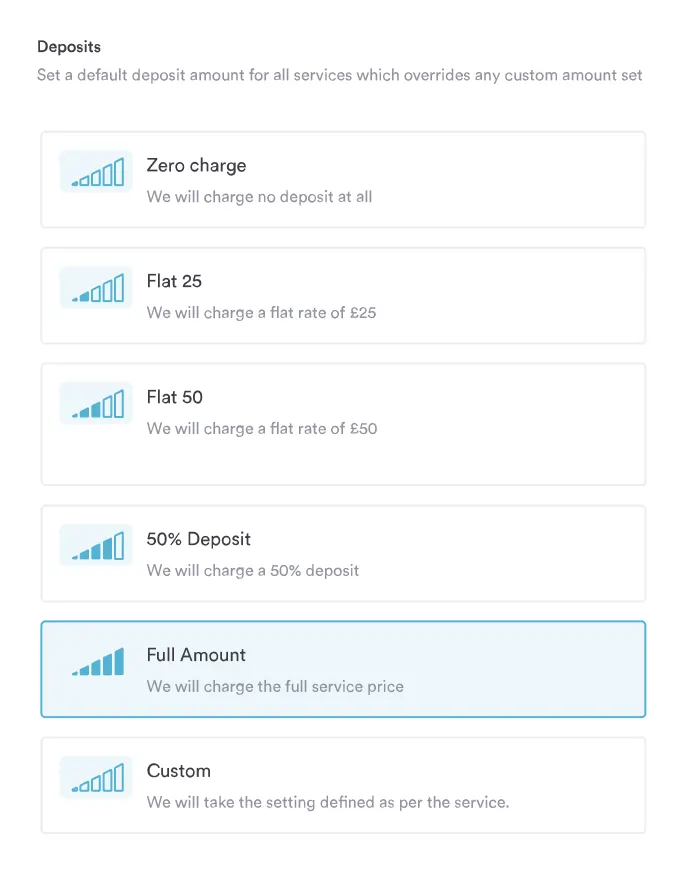 Screenshot of deposit settings in Pabau