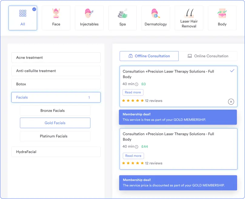 Digital service menu from the online booking page by Pabau