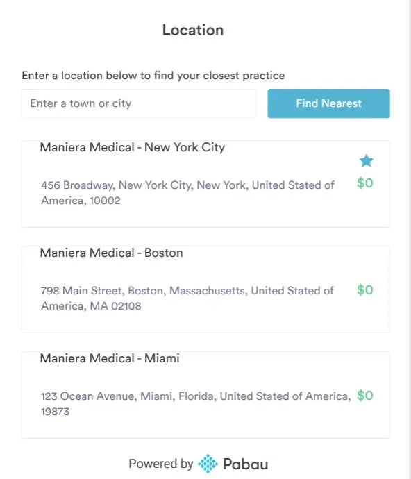 Screenshot of Pabau’s location selector showing multiple clinic options