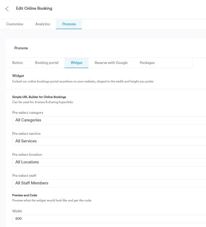 Screenshot of Pabau’s online booking widget setup