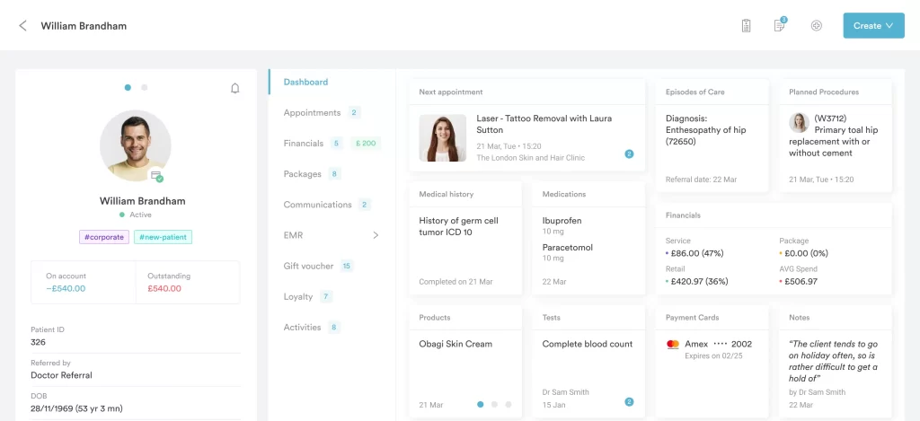 Client card view in Pabau dashboard showing essential client information
