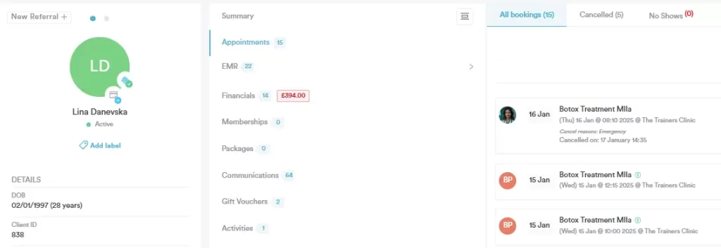 Screenshot of a client card in the Pabau dashboard