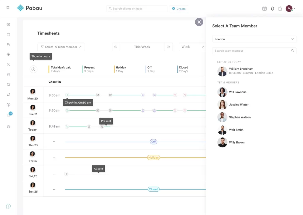 Image showing the timesheets feature in Pabau's dashboard