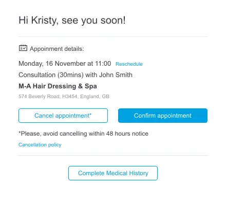 Example of automatic reminder message sent from Pabau