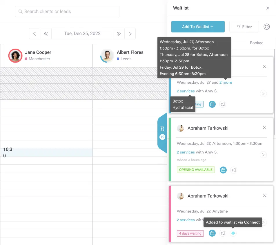 Pabau scheduling screen showing client appointments alongside an automated waitlist panel