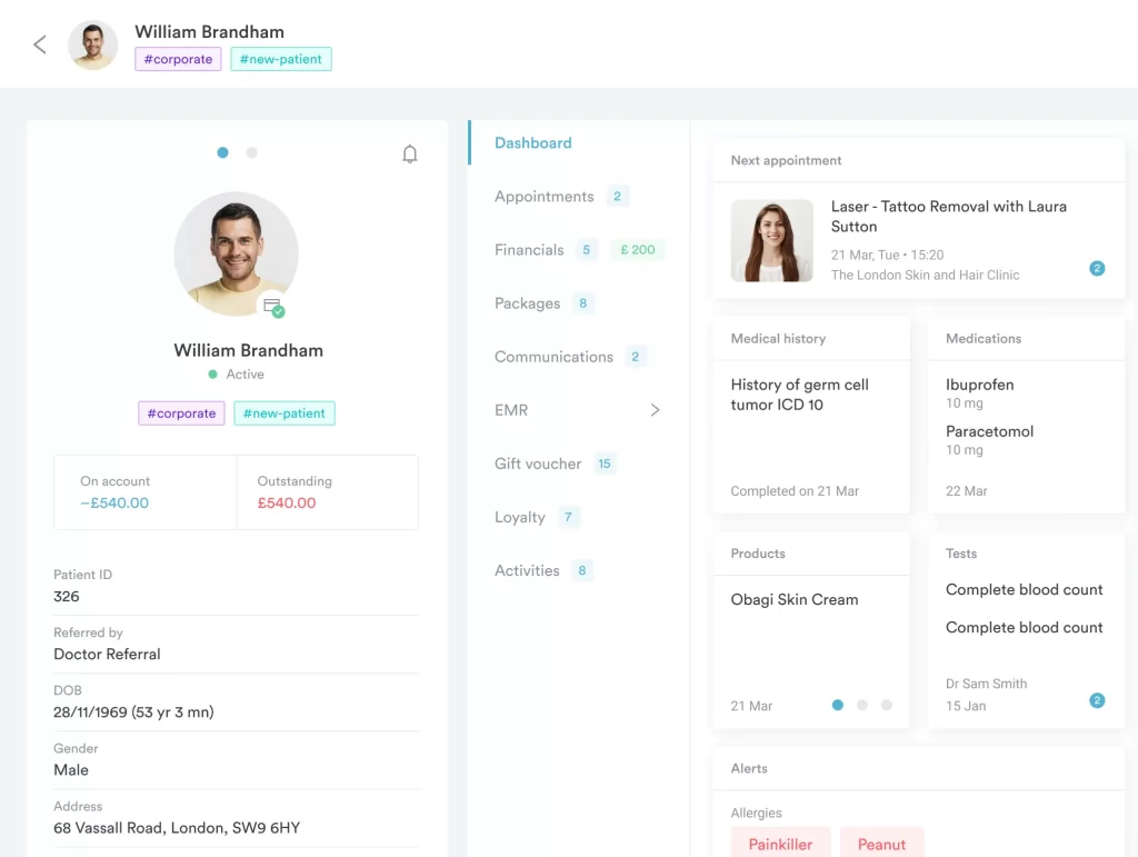 Pabau's client record showing personal info, appointments, medical history, medications, and billing details
