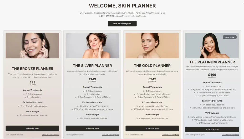 Screenshot of Kaizen Medical membership plans with treatments, discounts, and VIP rewards