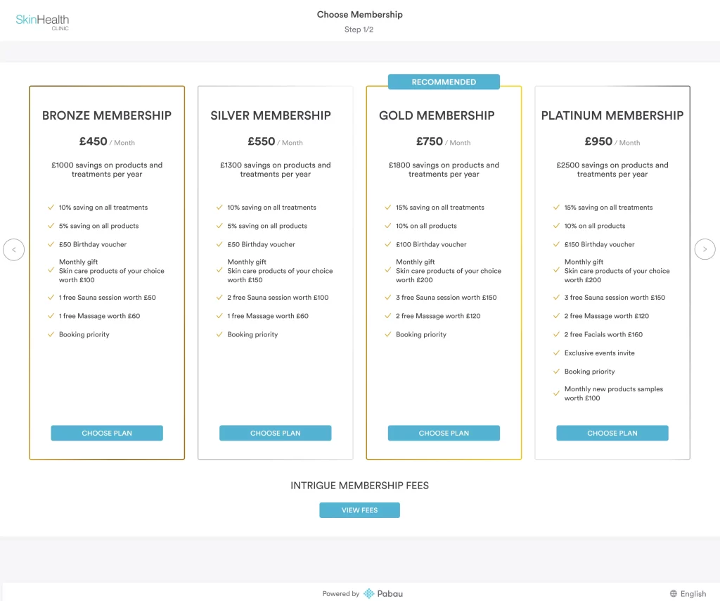 SkinHealth Clinic membership table comparing four tiers with savings and benefits