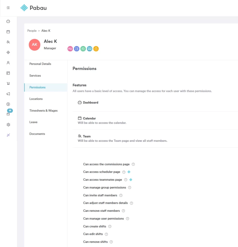 Image showing the permission feature in Pabau