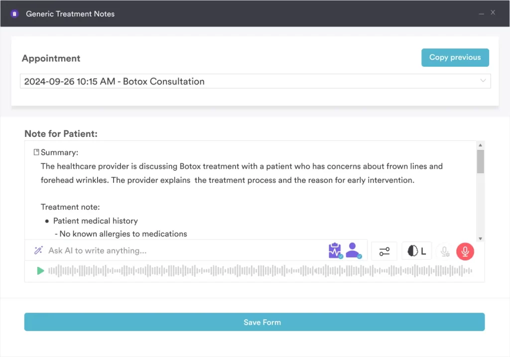 Pabau Echo AI interface generating automated clinical summary from practitioner voice recording with structured treatment notes