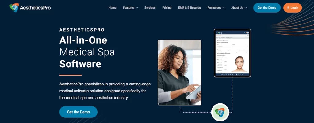 AestheticsPro practice management interface showing client management and documentation features for aesthetic procedures