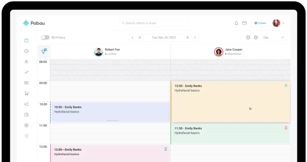 Pabau daily calendar view with drag-and-drop appointment management
