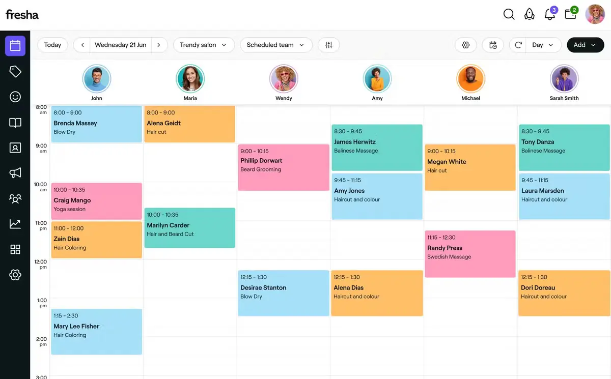 Fresha calendar interface showing week view with colour-coded appointments and staff availability for UK salon