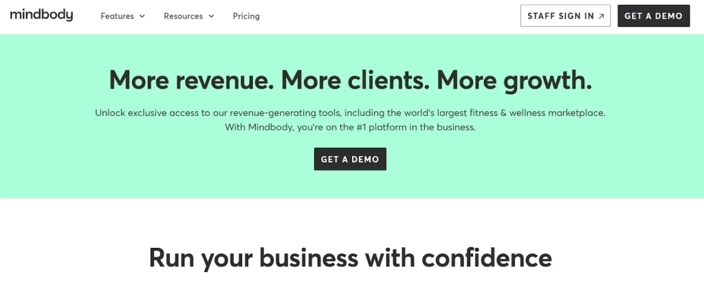 Mindbody dashboard displaying class schedules and membership management tools