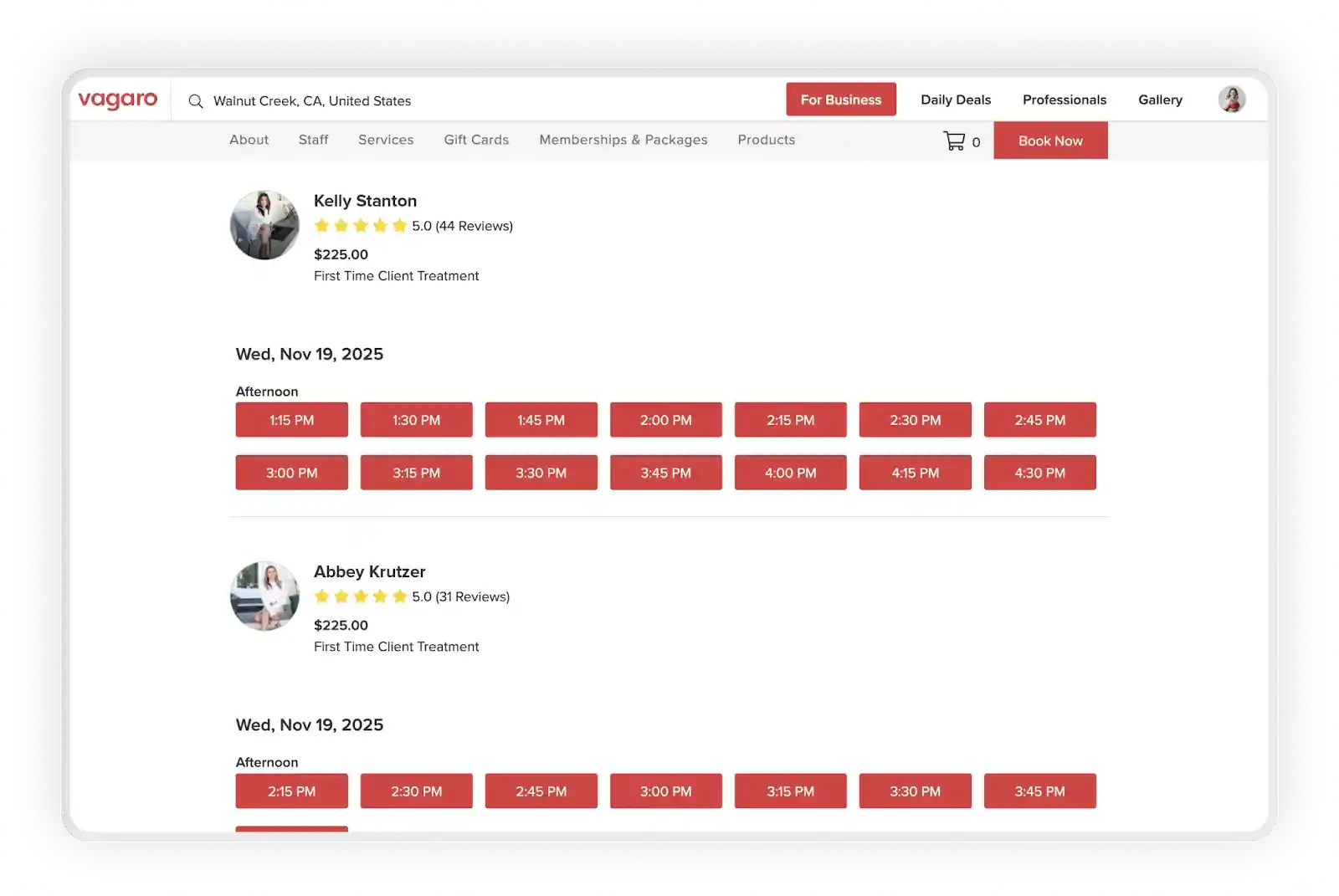 Vagaro online booking interface showing service selection calendar and staff availability for UK salon