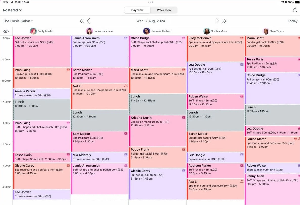 Timely mobile app showing calendar view with appointment scheduling and client management for UK salon staff