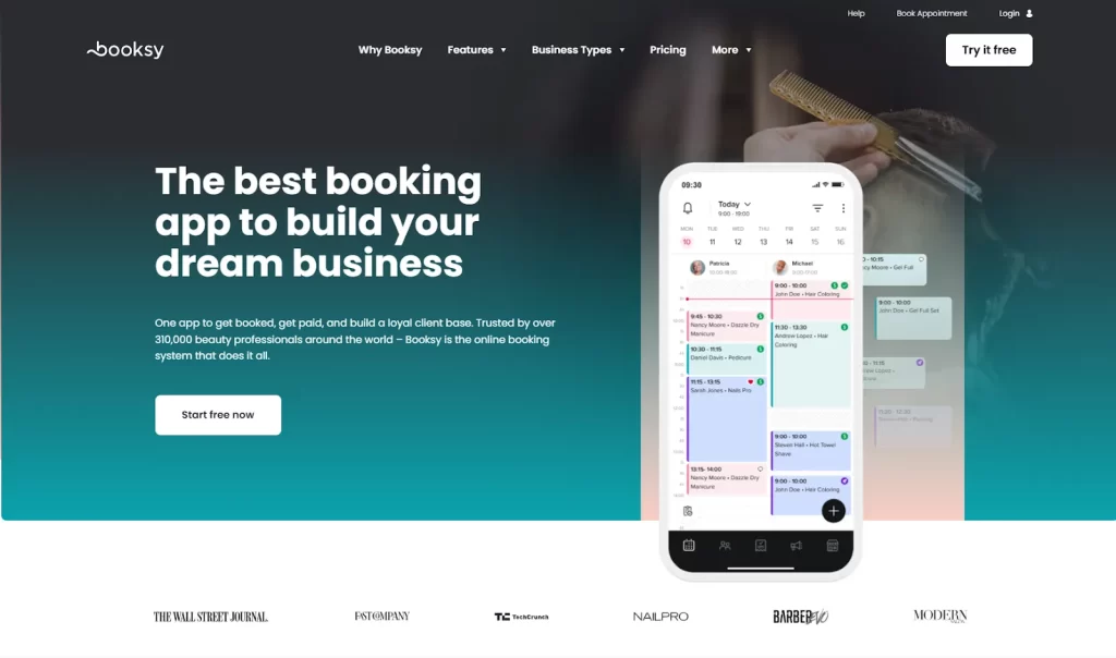 Booksy mobile app interface showing salon search and appointment booking screens