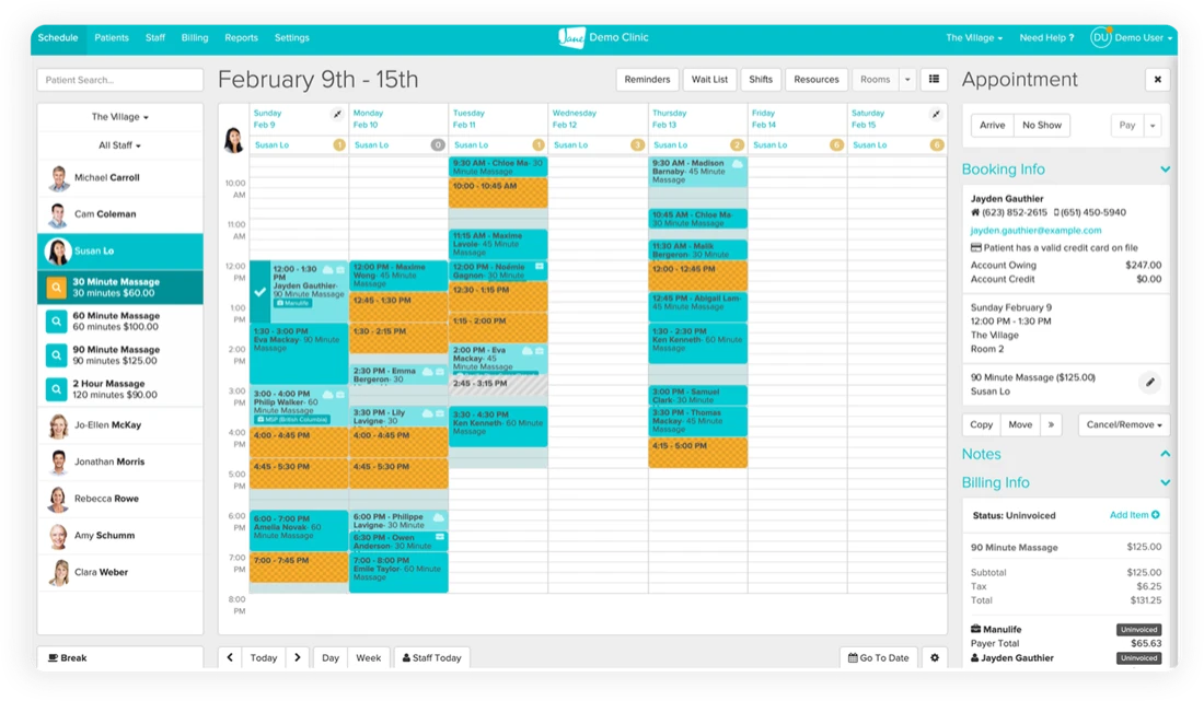 Jane App appointment scheduling interface showing multi-practitioner calendar with provincial health plan billing integration for Canadian dermatology clinics