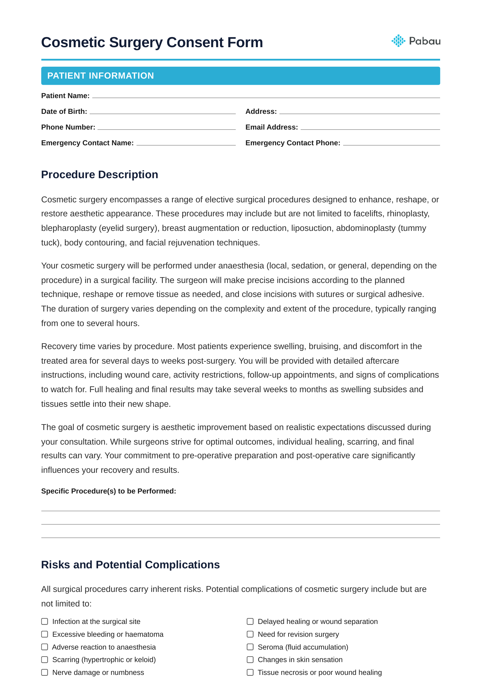 Cosmetic surgery consent form template preview