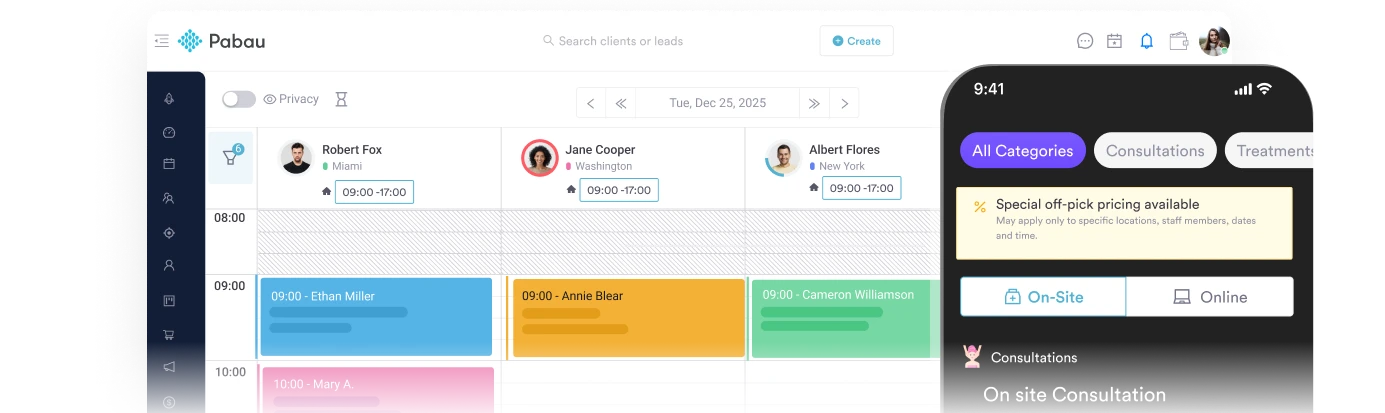 Pabau dashboard and mobile app
